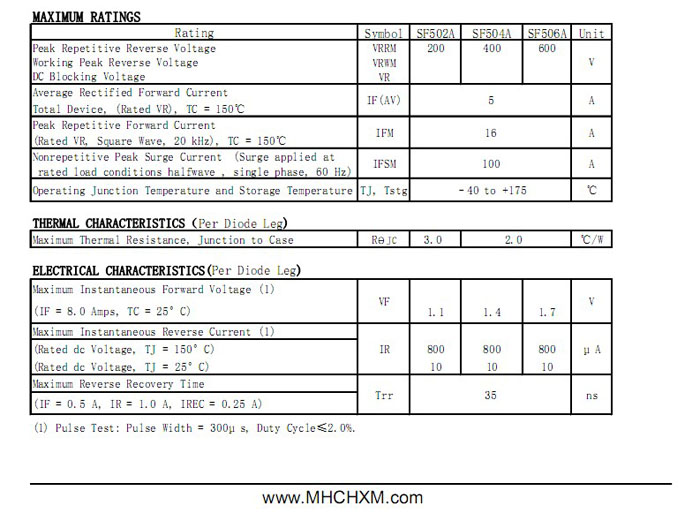 MHCHXM品牌超快恢复二极管SFF502A MHCHXM品牌超快恢复二极管SFF502A
